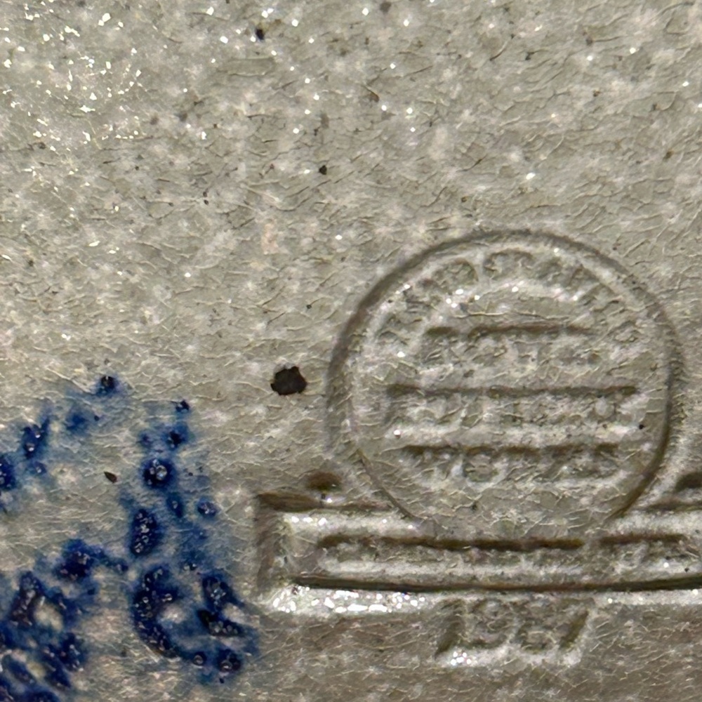 Vintage Artisan Salt Glazed Stoneware Bowl With Ears and Blue Heart Motif “1987” - Picture 10 of 10